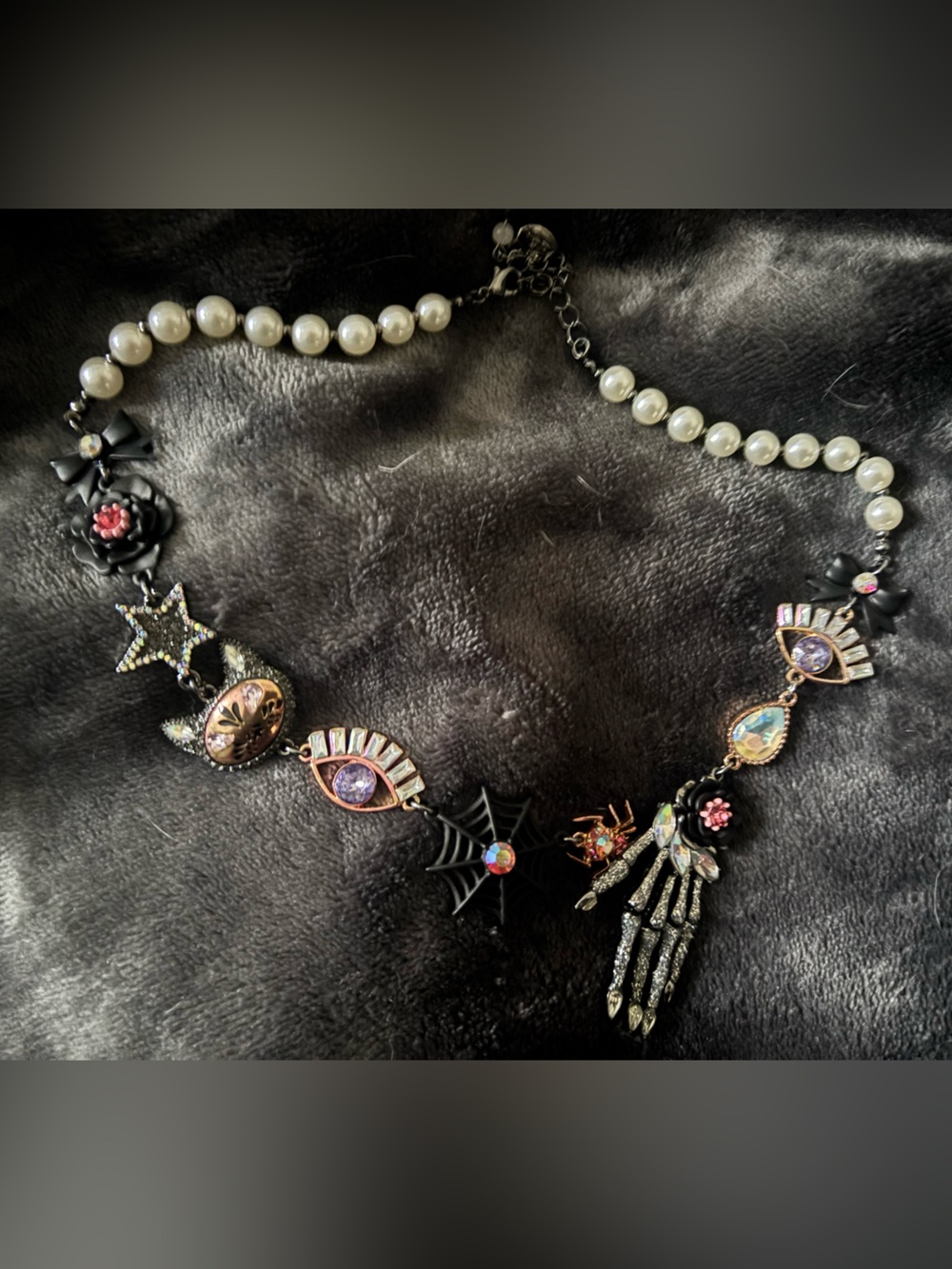 Betsey Johnson Pearl & Mixed Charm Gothic Statement Necklace NWOT. Never worn!